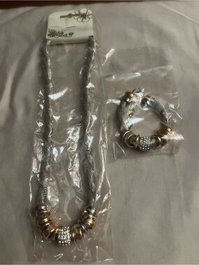 Pandora Silver Mesh Necklace and Bracelet Set with Gold Accents